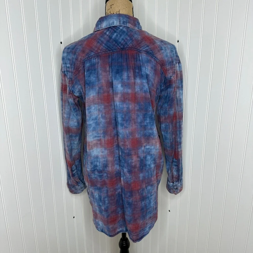 Free People Oversized Double Dip Plaid Shirt Blue Red‎ Button Up Gauzy Sz XS